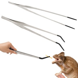 JarThenaAMCS 2Pcs Extra Long Stainless Steel Reptile Feeding Tongs Tweezers with Rubber Tip Aquarium Tweezers Straight and Curved Silver Long Handle Feeder Tool, (Silver, 15 Inch)