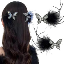 2 Pcs Feather Hair Clip, Glitter Rhinestone Butterfly Hairpin Angel Plush Hair Barrettes Feather Clips for Hair Elegant Duck Beak Hairpin Delicate Side Bangs Hair Clips for Women(Black)
