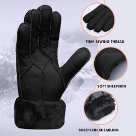 MGGMOKAY Women's Leather Sheepskin Gloves Shearling Warm Winter Gloves, black