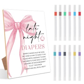 13 Pcs Late Night Diapers Baby Shower Games, Include Wood Sign and 12 Pens, Pink Bow Gender Reveal Game, Baby Shower Games Table Sign, Pink Baby Shower Decoration, Newborn Announcement Party Supplies