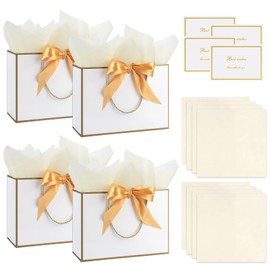 GHVACZS Pack of 4 Gift Bags, Gift Bag with Ribbons + Greeting Cards + Handkerchiefs, Gift Bag, Suitable for Birthdays, Weddings, Celebrations (White Gold)