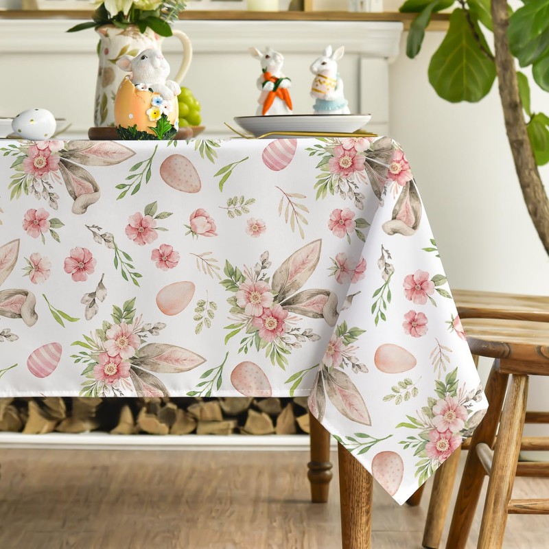 Horaldaily Easter Tablecloth 60×84 Inch Rectangular, Bunny Ear Flowers Spring