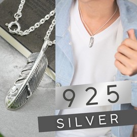 EPIC BOLEN sv925 Silver Necklace, Feather Eagle, Feather, Bird, Men's Necklace, Small, Silver Pendant, Azuki Chain, 17.7 inches (45 cm), Sterling Silver, No Gemstone