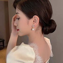 Crymystal Flower Pearl Earrings Women Vintage Pearl Crystal Earrings Crystal Flowers Earrings Gold Pearl Stud Earrings Pearl Earrings Girls Jewellery Gifts, Zinc Alloy Steel, Crystal