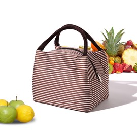 BAOWUABJ Insulation Lunch Bag, Waterproof Picnic Bag, Striped Lunch Box Bag, Picnic Bento Handbag, Suitable for Work, School, Lunch, Outdoor Picnics, Brown
