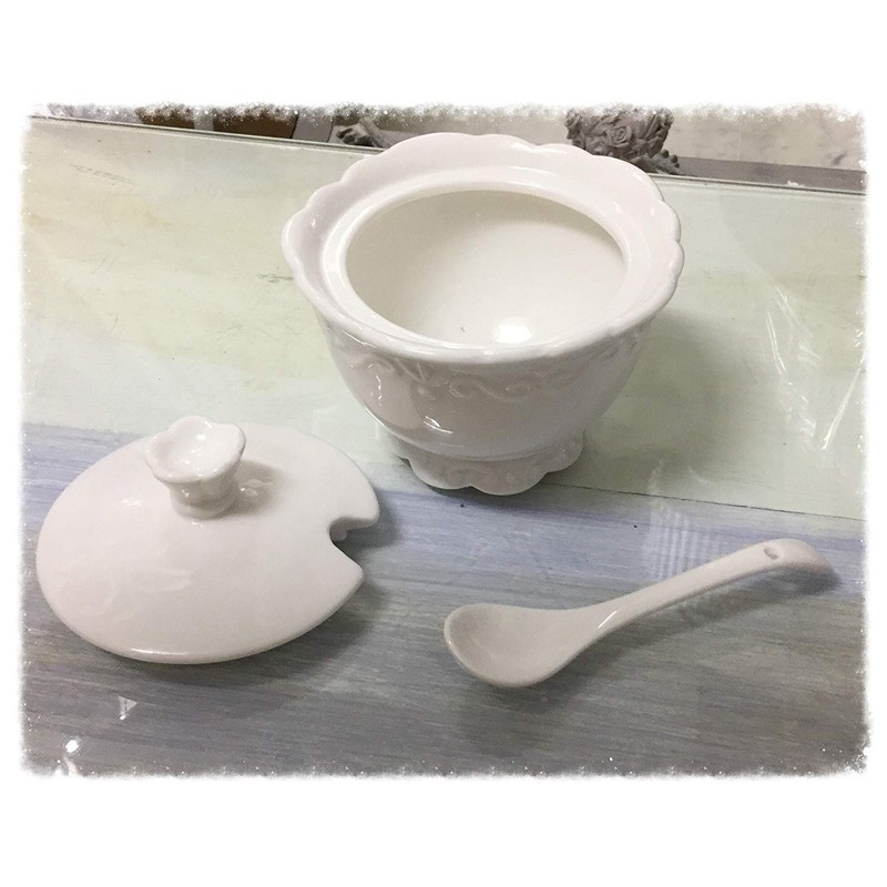 Chic Antique Sugar Pot Provence Sugar Bowl with Spoon White
