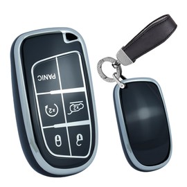 TECART Key Fob Cover Fit for Jeep Grand Cherokee Renegade Chrysler 200 300 Dodge RAM Soft TPU Key Shell Accessories 5 button, Leather Keychain-black, 5 button