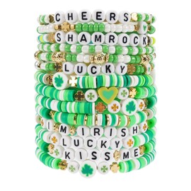Twinfree 14pcs St. Patrick's Day Bracelet Set Shamrock Surfer Heishi Beaded Stretch Layering Friendship Irish Stackable Adjustable for Women Festival Party Jewelry