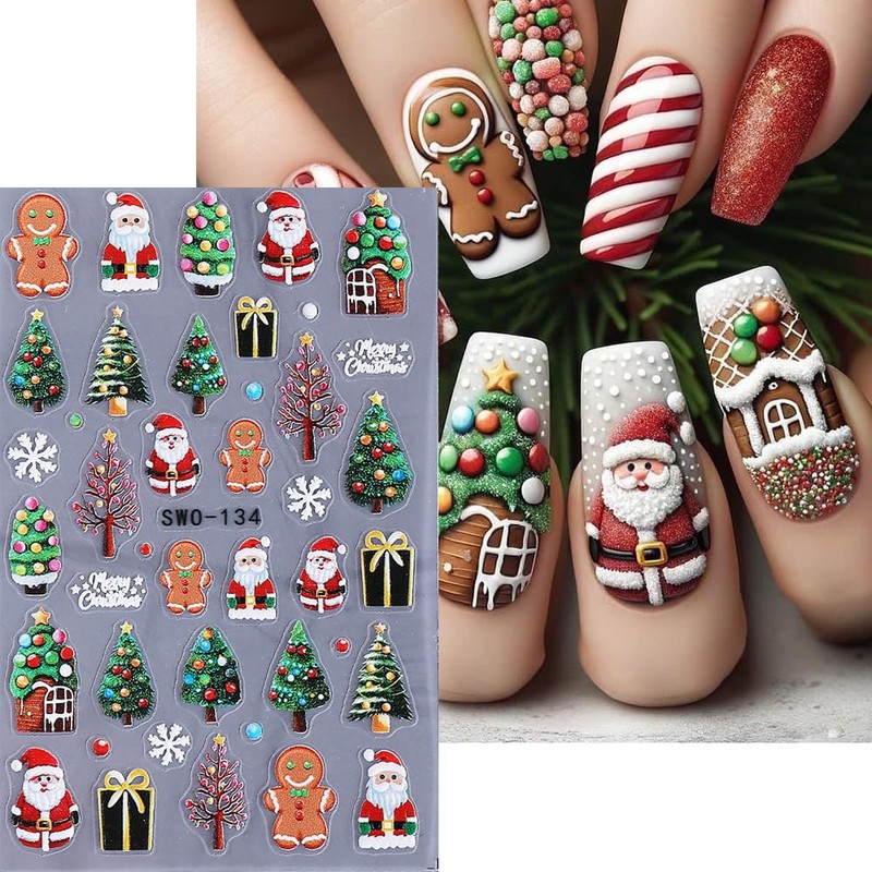 4Pcs Christmas Nail Stickers 5D Embossed Christmas Lights Xmas Tree