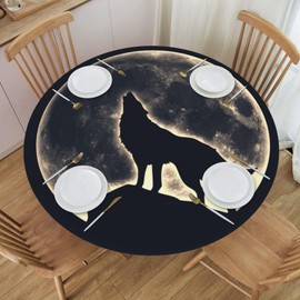 Famame Full Moon Howling Wolf Round Fitted Tablecloth with Elastic Protector Table Cloth Kitchen Dinner Waterproof Oil-Proof Table Covers Fits 40"-44", Small
