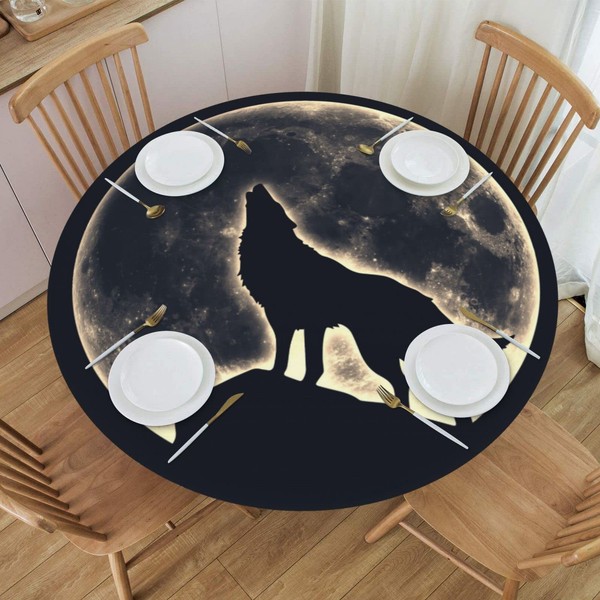 Famame Full Moon Howling Wolf Round Fitted Tablecloth with Elastic