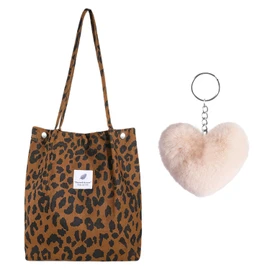 NYGGTYK 1 x corduroy shoulder bag with leopard print and 1 x heart-shaped apricot pendant, women's shoulder bag, large shopping bag, fashionable and versatile shopping bag, Leopard pattern