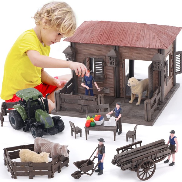Lucky Doug Farm Animal House Toys Playset for Kids Toddlers Ages 3-8, 122 PCS Building Toys Farmhouse Figures Pretend Play Set with 3 Animals, 4 Figures, A Tractor, 11" L x11 W x 8" H