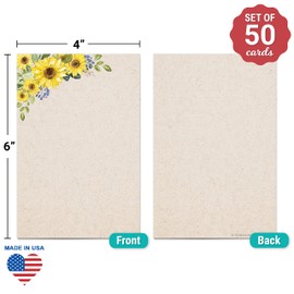 321Done Blank Sunflower Cards - 4x6 (Set of 50) Floral Design Notecards, Plain Floral Cards - Thick Heavyweight Cardstock - Bright Yellow Sunflowers on Kraft - No Envelopes - Made in the USA