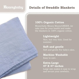Moonybaby 100% Organic Muslin Swaddle Blankets for Baby Boys, 1 Pack Breathable and Skin-Friendly Baby Receiving Blankets Swaddle Wrap, 47 x 47 inches