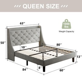 Feonase Queen Bed Frame with Luxury Wingback Upholstered Button Tufted Storage Headboard, Queen Platform Bed with Charging Station, Sturdy Wooden Slats Support, Noise-Free, Easy Assembly, Light Gray