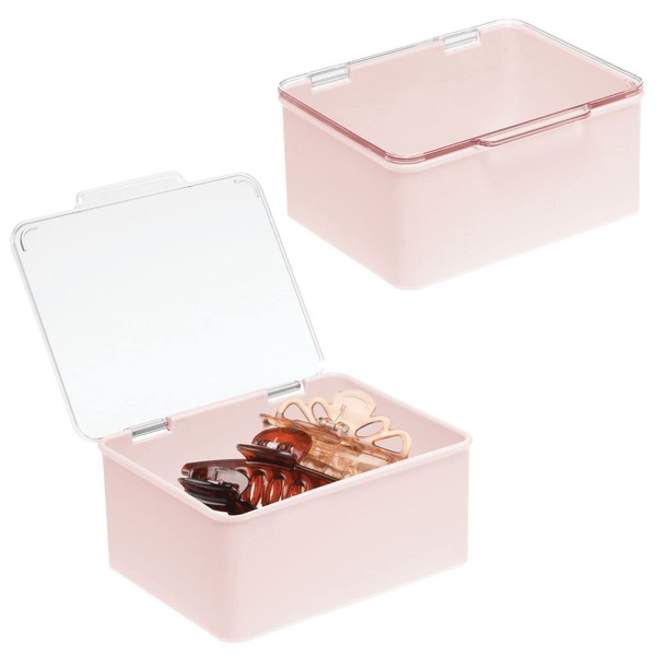 mDesign Plastic Cosmetic Storage Organizer Box Containers, Hinged Lid for Bedroom, Bathroom Vanity Shelf or Cabinet, Holds Masks, Palettes, Nail Polish, Lumiere Collection, 2 Pack - Light Pink/Clear