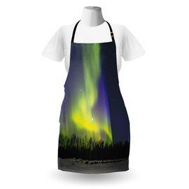 Ambesonne Alaska Apron, Aurora Borealis over the Snow Covered Forest in the Northwest America Alaskan Winter, Unisex Kitchen Bib Apron with Adjustable Neck for Cooking Baking Gardening, Multicolor