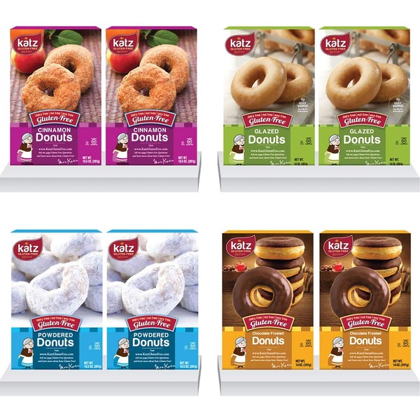 Katz Gluten Free Donuts Top 4 Flavors Variety Pack | 2 each of Powdered Donut, Chocolate Frosted Donut, Glazed Donut, Cinnamon | Dairy Free, Nut Free, Soy Free, Gluten Free | Kosher 2 of each 8 Total