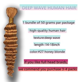 Eileen 27 Honey Blonde human braiding hair 18 Inch 50g 1 Bundles Deep Wave Bulk Human Hair for Braiding Curly Human Hair for Boho Braids Water Wet and Wavy Curls Micro Braiding Hair Extensions