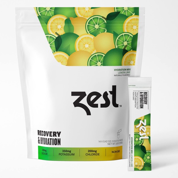 Zest Hydration Electrolyte Powder - Lemon Lime - Mix w/Water - 14 Travel Packets - Low Sugar Supplement - Recovery & Dehydration Drink - IV Pillars of Liquid Rehydration incl Salt & Potassium