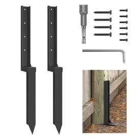 ArlinaL Thickened Fence Post Repair Kit, Fence Post Anchor Ground Spike, 2 Pack Heavy Duty Steel Fence Post Repair Stakes for Wooden Fence Post, Black