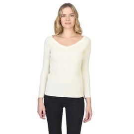State Cashmere Women’s Easy V-Neck Ribbed Sweater 100% Pure Cashmere 3/4 Sleeve Pullover (Undyed White, Small)