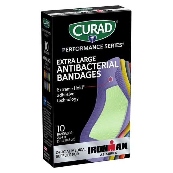 Curad - CURIM5018 Performance Series Ironman XL Antibacterial Bandages, Extreme Hold Adhesive Technology, Fabric Bandages, 10 Count