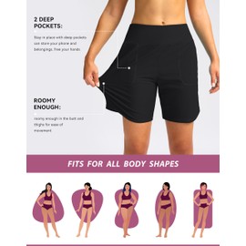 Viodia Women's 7" Swim Board Shorts High Waisted Modest Swimsuit Bathing Suit Beach Swimming Trunks for Women with Pockets Black