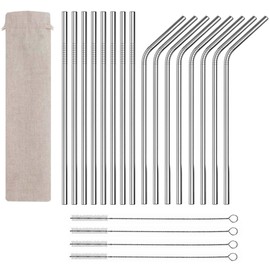 Electriduct Set of 16 Stainless Steel Reusable Metal Drinking Straws with Cleaning Brushes and Pouch. 8.5 Inch Straw fits 20 oz Yeti Rtic Tumblers