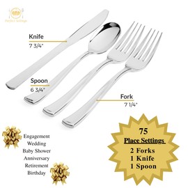 300 Pcs Silver Plastic Cutlery Set – Heavy Duty Disposable Silverware for 75 Settings | Strong, Elegant Flatware Utensils for Weddings, Holidays, Catering, Parties, Events