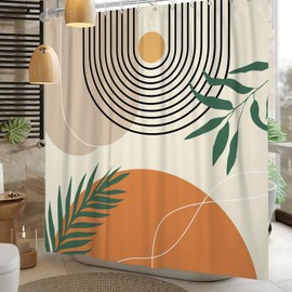 Xiaoterna Sun Line Shower Curtain, Rustic Bath Curtain, Modern Abstract Shower Curtain, Green Leaves, Sun Lace Lines, Shower Curtain, Machine Washable, Waterproof Fabric, 180 x 200 cm