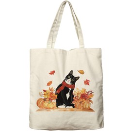 Dlzdn Fall Tuxedo Cat Pumpkin Canvas Tote Bag For Women Aesthetic Shopping Grocery Bag Beach Bag Gifts for Women Teacher Bag Reusable Grocery Bag Thanksgiving Day Gift