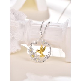 KINGWHYTE Hummingbird Necklace 925 Sterling Silver Bird Necklace with Daisy Flowers Hummingbird Pendant Necklace Animal Jewellry Birthday Christmas Gifts for Women