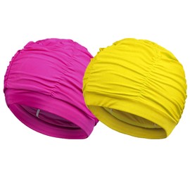 LERTREE 2Pack Nylon Soild Color Ladies Swimming Hat Pleated Style Swim Cap Long Hair Swimming Cap for Men Women (Yellow+Rosered)