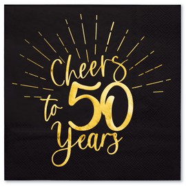 WRAPAHOLIC 50Pcs 50th Birthday Napkins - 3-Ply Disposable Paper Cocktail Napkin, Black and Gold Foil Cheers to 50 Years - 5 x 5 In