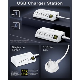 USB Charger 60W 7-Port USB Desktop Charger with LED Screen, Multi-Device Charging Station with Real-Time Power Monitoring for Phone,Fast Charging Hub for Home, Office, Travel