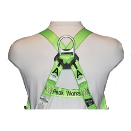 Peakworks Fall Protection Full Body Safety Harness, 5-Point Adjustment with Fall Indicator, Back D-Ring, Grommet Leg Buckles, Hi Vis Green/Black, Universal Fit, V8002200
