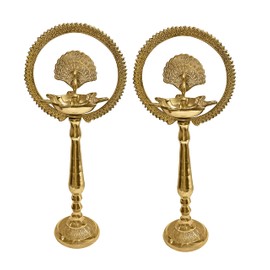 Satvik 2 Pc Set of Brass 12 Inch Peacock Diya with Crown Kerala Samai Diwali Deepak Mahabharat Dia Deepawali Deepam Engraved Inauguration Kuthu Vilakku Indian Housewarming Return Gift Items
