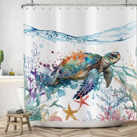 ASDCXZ Maritime Shower Curtain 180 x 200 cm, Watercolour Blue Sea Creatures Turtle Starfish Nautical Colourful Bathroom Washable Shower Curtains Polyester Textile Waterproof Bath Curtain for Bath with 12 Hooks