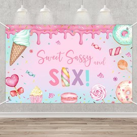MEHOFOND Donut Theme Girl Birthday Backdrop Candy Sweet Sassy and Six 6th Birthday Decorations Pink Donut Ice Cream Girls Party Photo Studio Booth Prop Banner 3.6x5.9ft