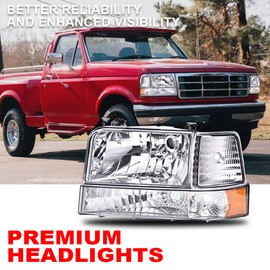 CNNELL Headlights Compatible with 1992-1996 Ford F150/Bronco, 1992-1997 F250/F350/FSuper Duty w/Corner Signal Bumper Lamps(Clear lens Chrome Housing Amber Reflector)