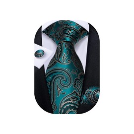 DiBanGu Conjunto de gemelos de seda para hombre con corbata y bolsillo de tela cuadrada formal, corbatas sólidas, 06 Paisley Verde azulado, Medium