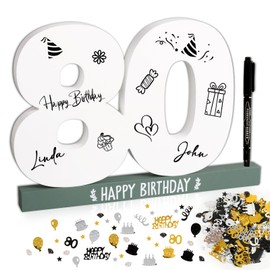 BOFUNX 80th Birthday Guest Book + Birthday Confetti + Pen, Wooden Creative 80th Birthday Gift Idea for Women Men Wooden Keepsake Table Decoration