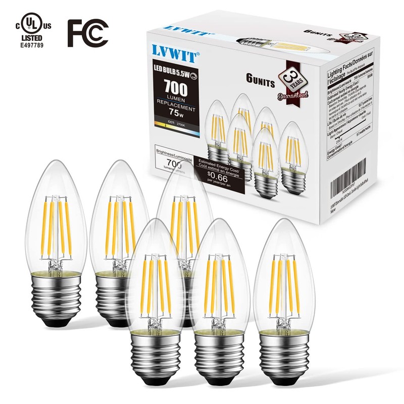 LVWIT Dimmable LED Candelabra Bulbs B11 Filament Bulb E26 Base