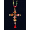 Flowers and Ruby Drop ~ Crystal Cross Necklace, 16-18" adjustable