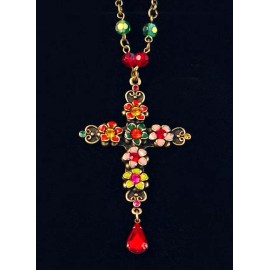Flowers and Ruby Drop ~ Crystal Cross Necklace, 16-18" adjustable