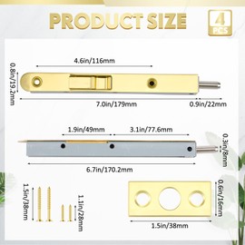 Hicarer 4 Pcs 7 Inch Solid Brass Flush Bolt French Door Lock Latch Round Polished Brass Bolt Lock Double Door Latch (Gold)