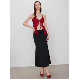 CIDER Going Out Tops for Women Y2K Tie Front Asymmetrical Ruffle Hem Lace Spaghetti Strap Cowgirl Crop Tops Red