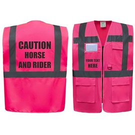 Caution Horse & Rider Equestrian Zipped Pink Hi Vis Safety Vest Horse Riding Reflective Waistcoat Road Safety High Visibility, Can Personalise. (Pink, Medium)